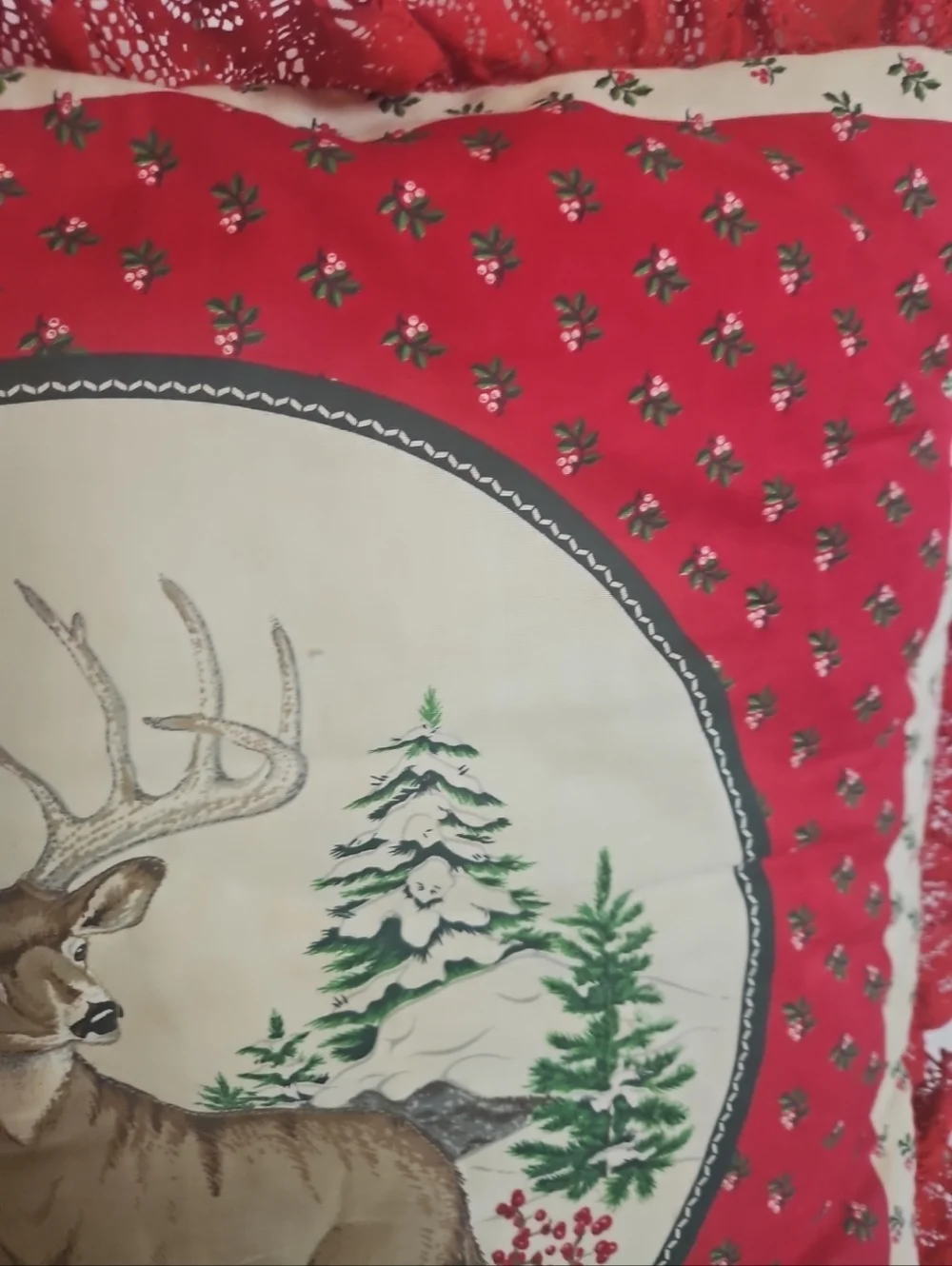 Vintage Christmas Pillow Handmade Double Sided 15” Buck Doe Deer Cardinals Lace